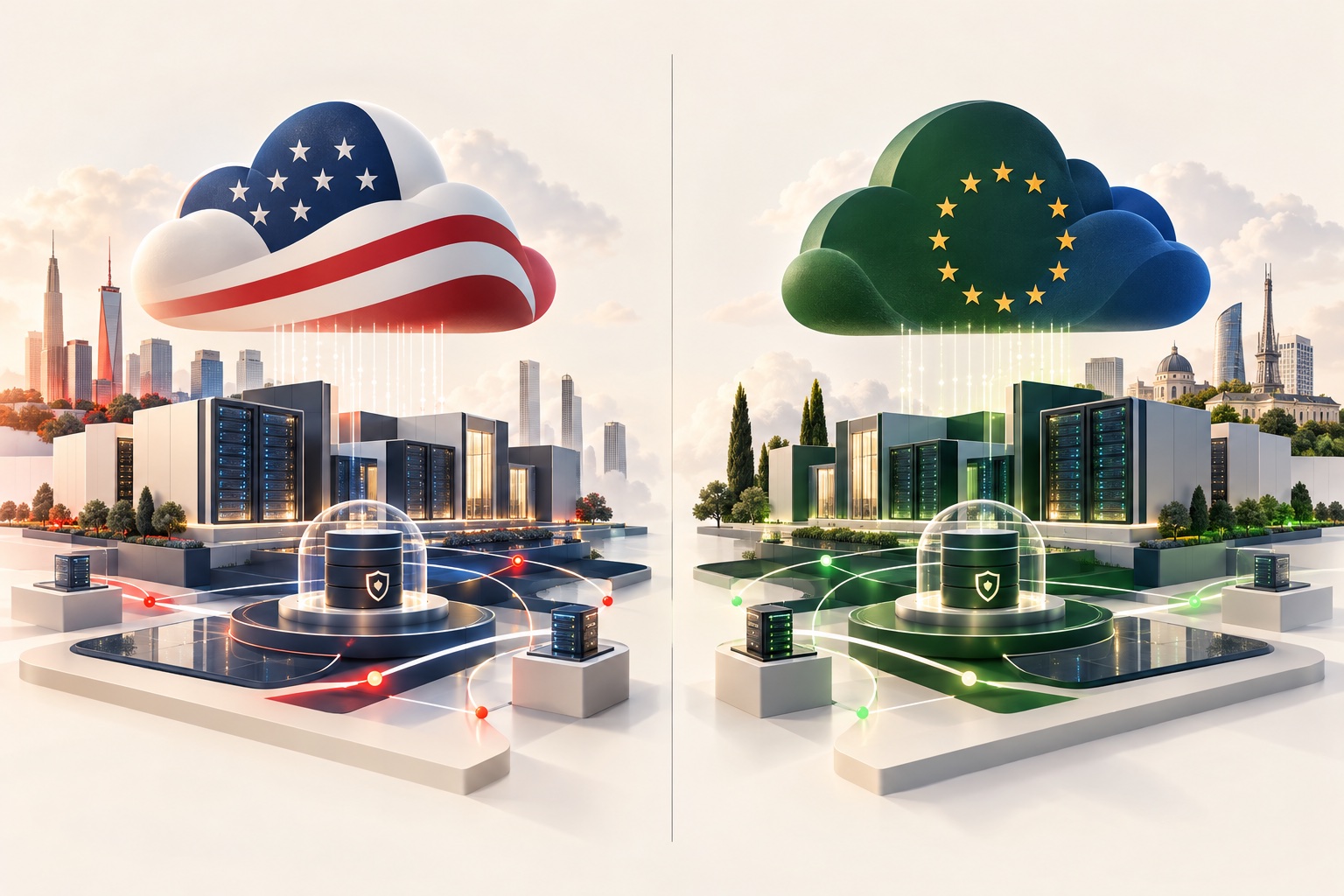 Side-by-side illustration of a US cloud provider and an EU cloud provider, each with a cloud platform and data centre